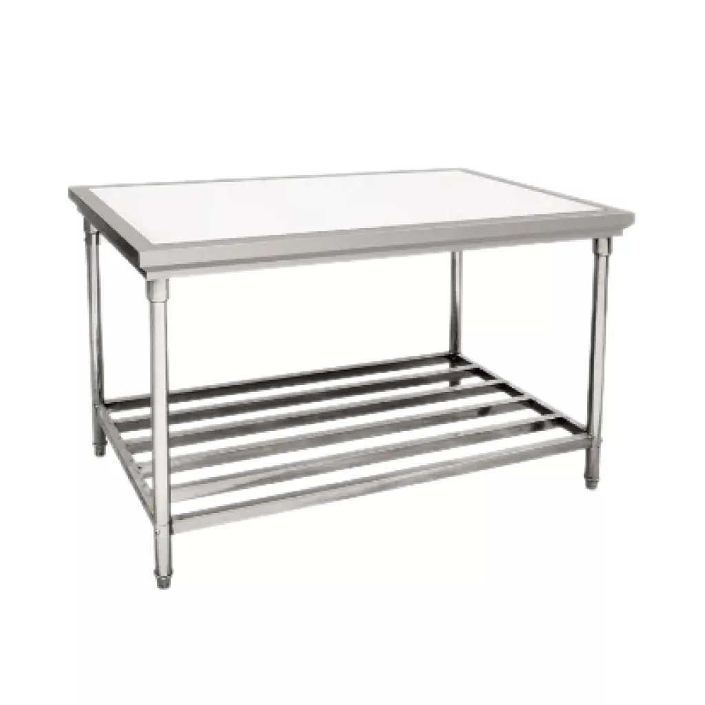 Cutting table with framed lower shelf