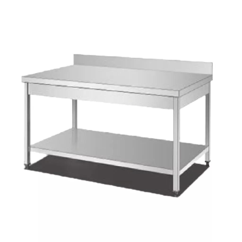 Kitchen work table with lower shelf and back edge