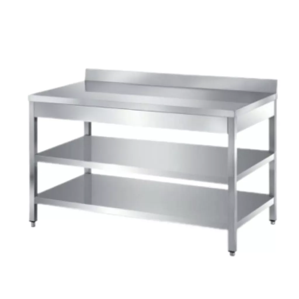 Kitchen work table with middle shelf, lower shelf and back edge