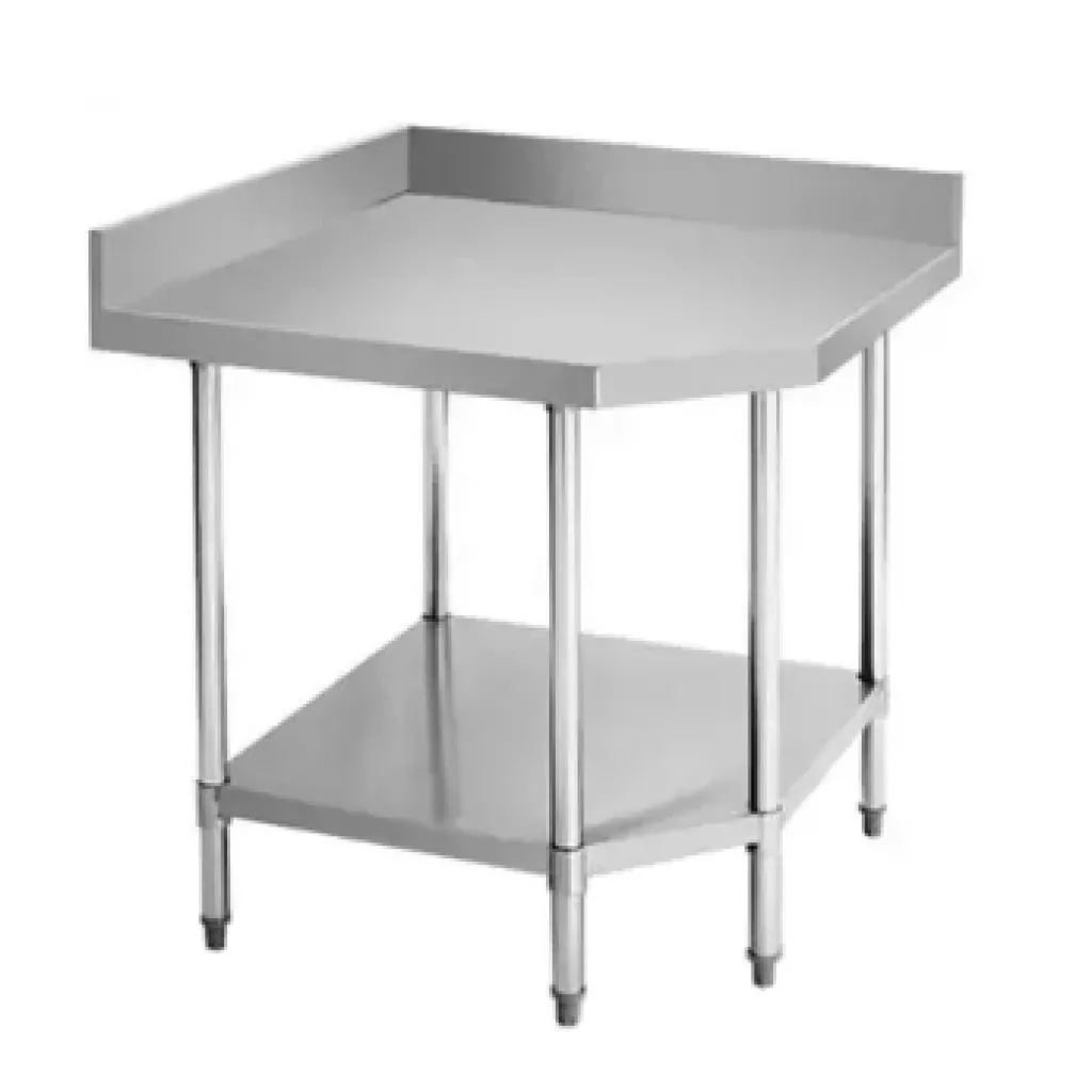 Corner kitchen work table with lower shelf, back and side rails