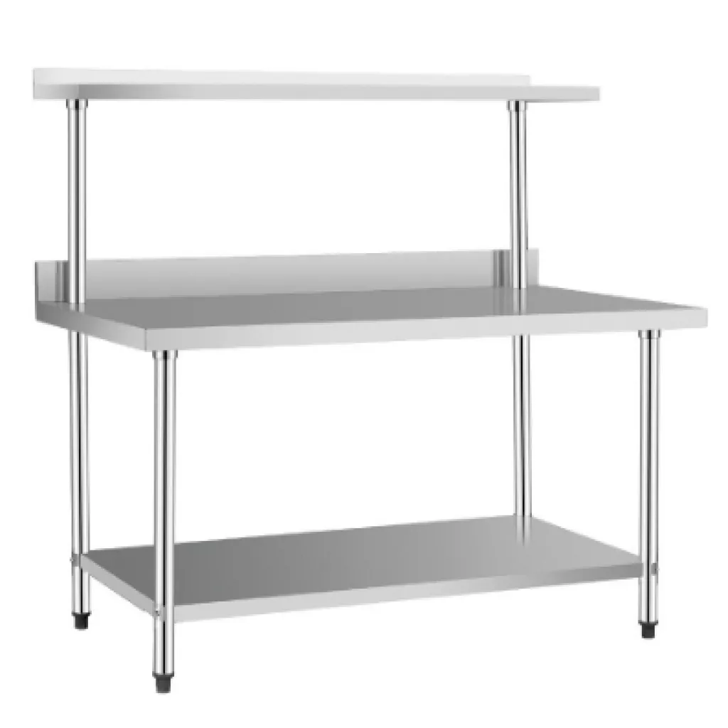 Kitchen work table with lower shelf and single upper shelf