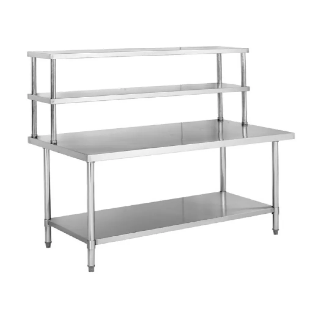 Kitchen work table with lower shelf and double upper shelf