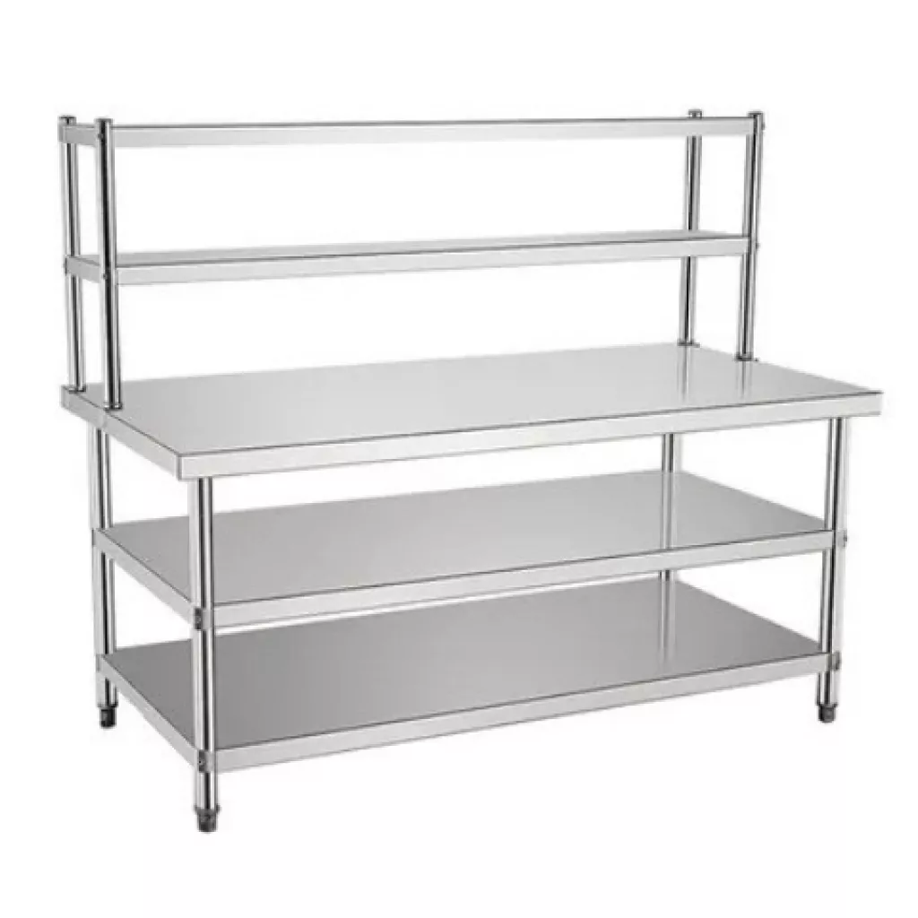 Kitchen work table with middle shelf, lower shelf and double upper shelf