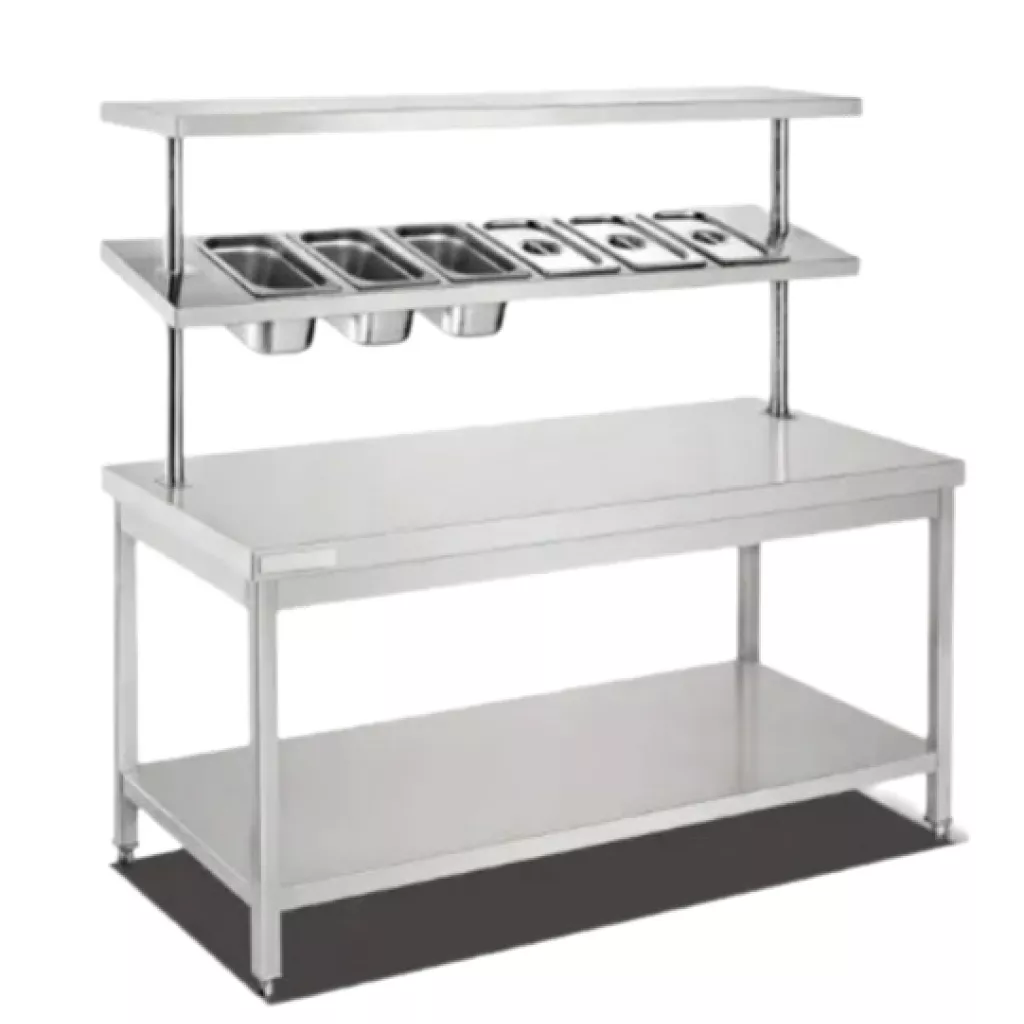 Kitchen work table with lower shelf and double upper shelf with trays G/N