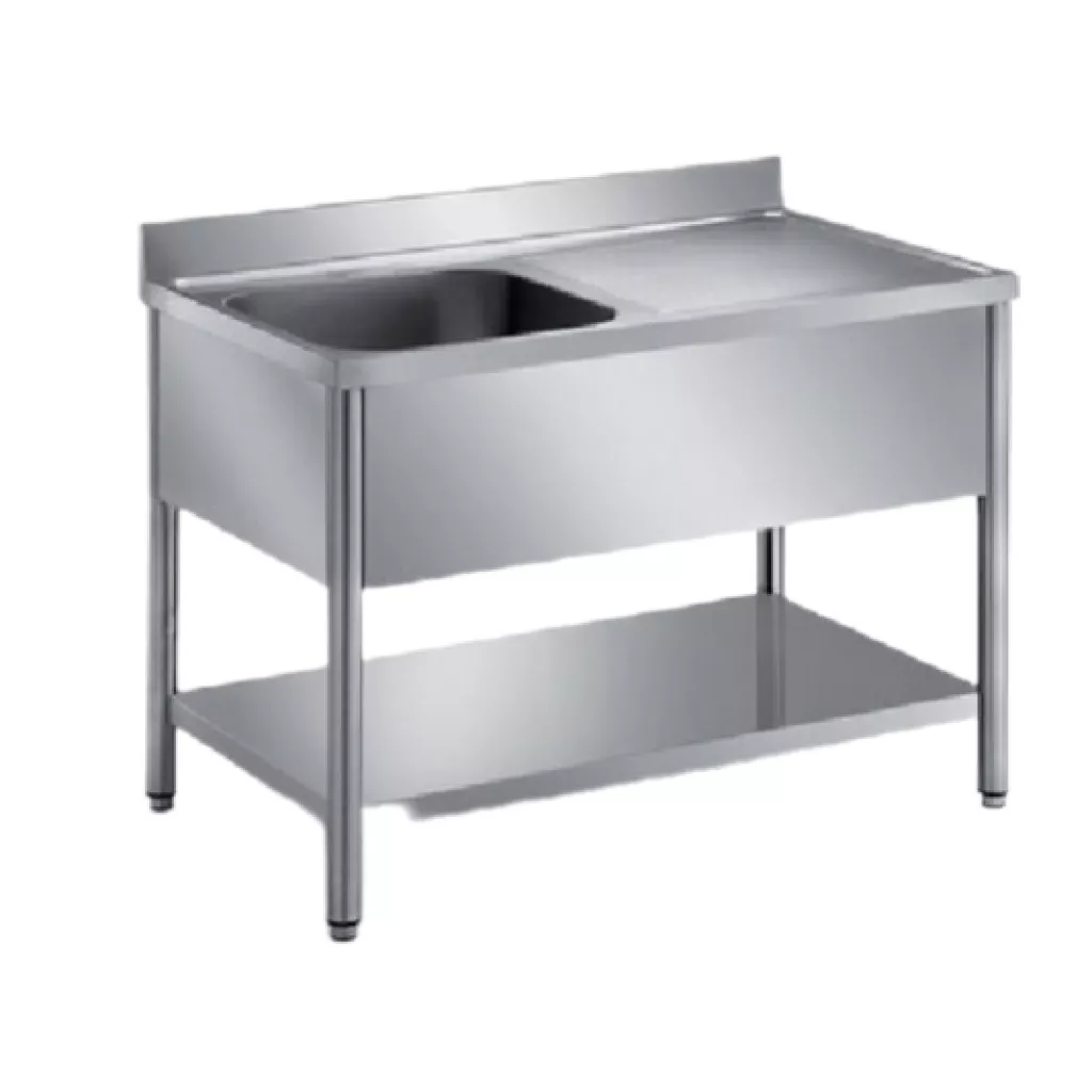 Single sink table with lower shelf and back rail