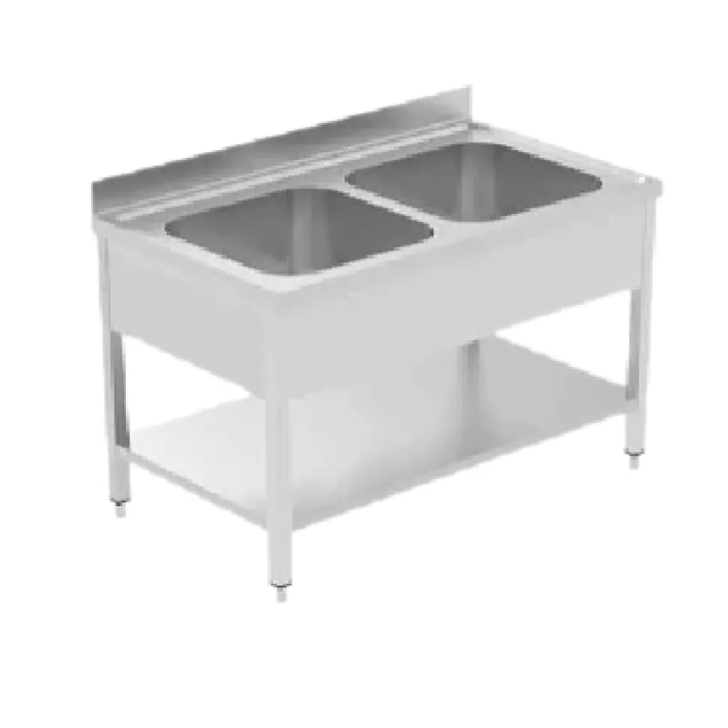 Two-basin vanity with lower shelf and back rail