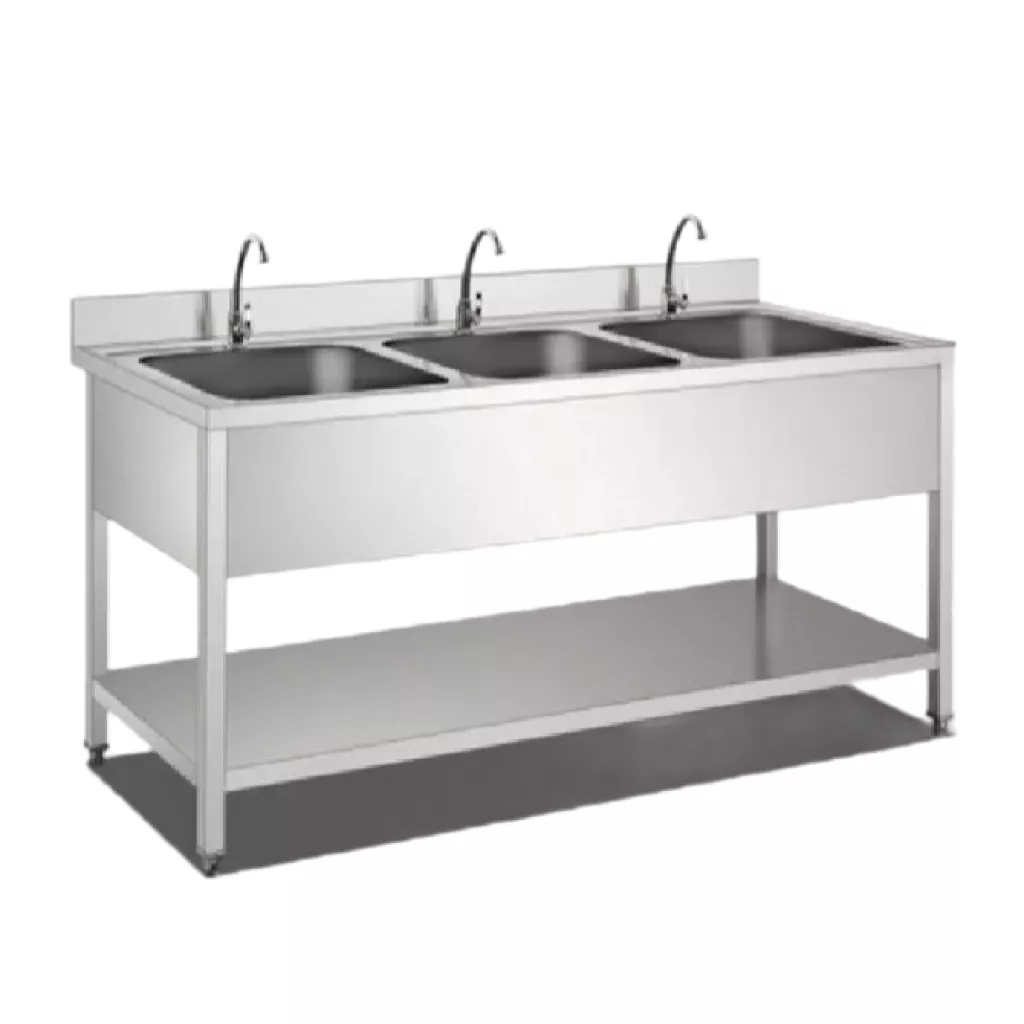 Three-basin vanity with lower shelf and back rail