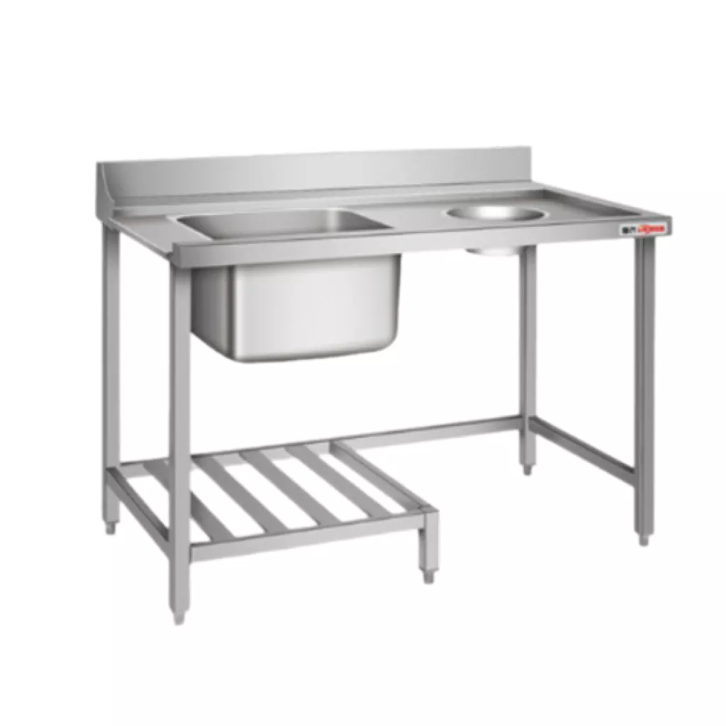 Single bowl sink with basket opening on the right, lower shelf, and back rail